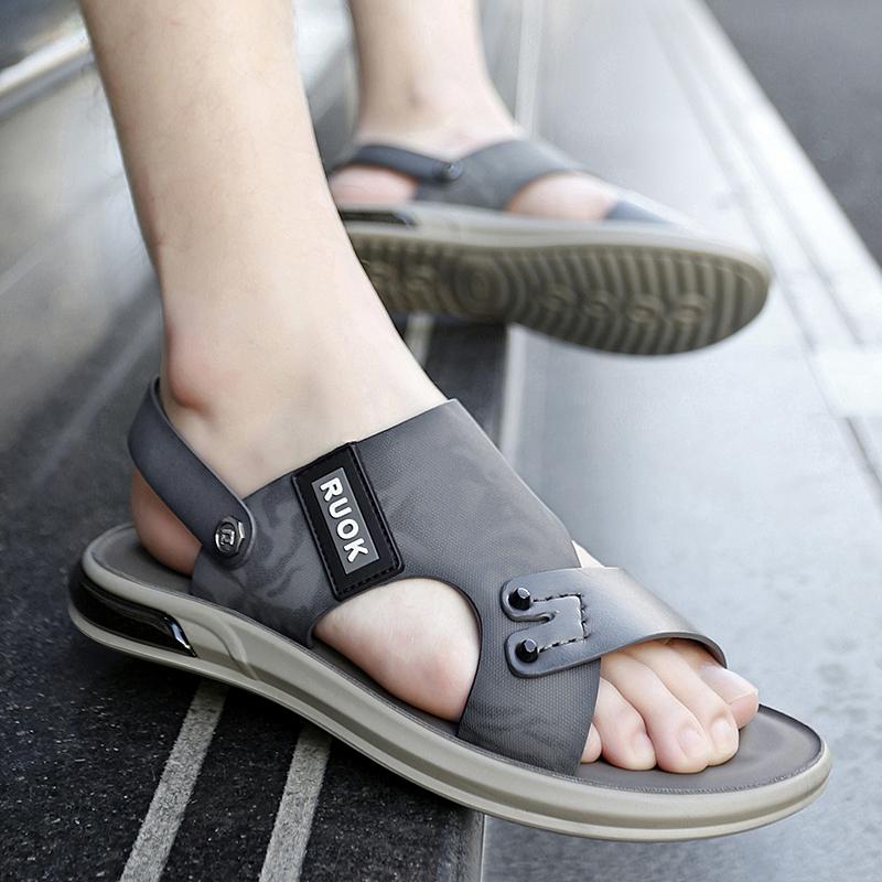 Men Leather Two ways Wear Sandals Male Beach Solid Sewing Leisure Slippers Summer New Skin Friendly Wear-resistant Shoes