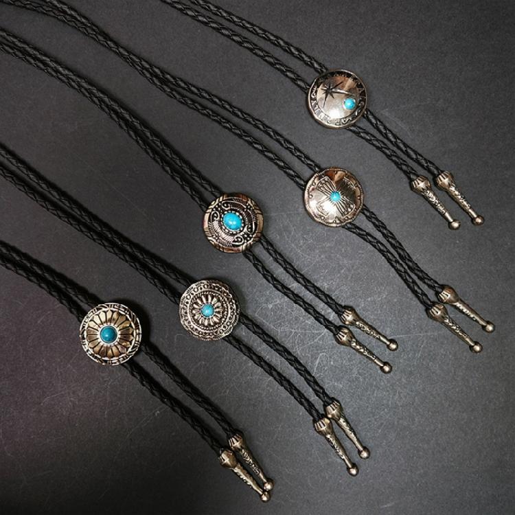 Western Shoestring Necktie Braided Belt Tie Cool Charm Engraved Stone Pendant for Women Men