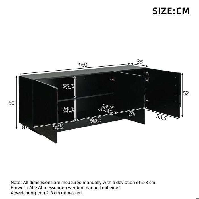 Buffet salon noir brillant 160 x 35 x 60 cm 3 portes 6 compartiments, étagères ajustables grand rangement commode moderne chic déco!