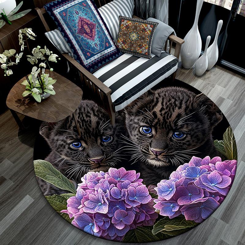 Runder Teppich mit Leopardenbabys, Teppich für Wohnzimmer, Schlafzimmer, Sofa, Spielzimmer Dekoration, rutschfeste Fußmatte
