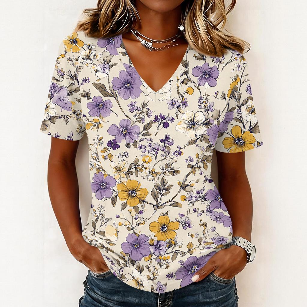 Women's fashionable casual short-sleeved floral print V-neck pullover top