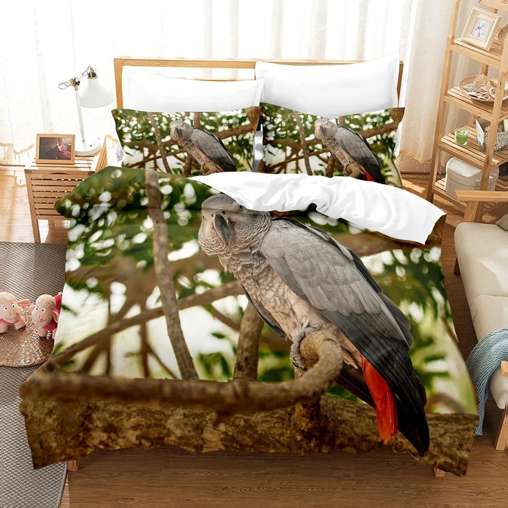 Parrot Duvet Cover Set King/Queen Size, Lovely Gray Parrot Themed Bedding Set For Kids Adults, Trees Bird Duvet Cover, Green