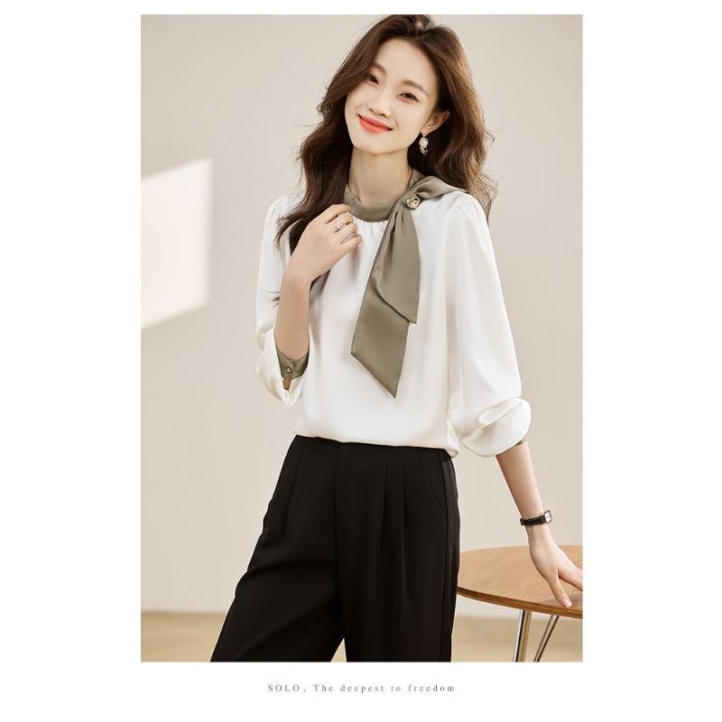 French Bow Shirt Women's Spring and Autumn New Color Matching Ribbon Design Top