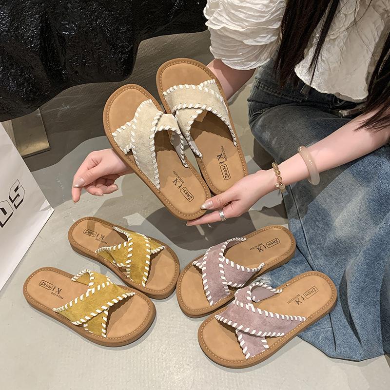 Slippers 2025 summer new flat-bottomed cross-word slippers women's casual fashion versatile outer lazy pedal