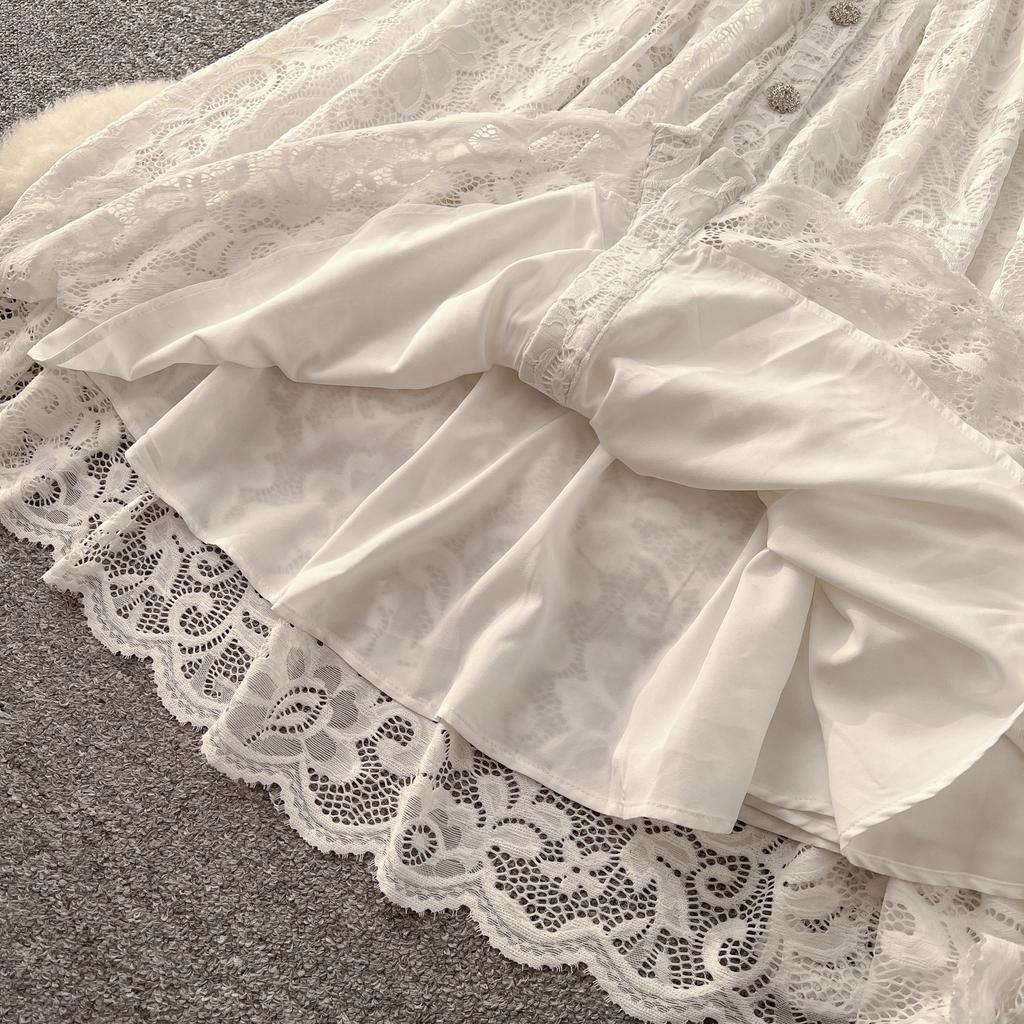 2025 French Women's Dress High-end Fungus Edge Splicing Single-breasted Waist Lace Embroidered Dress