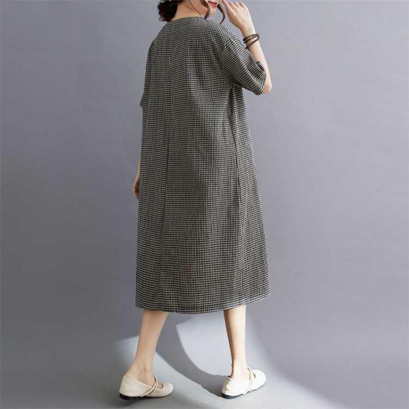 Summer Retro Cotton Linen Lace Cotton Linen Plaid Dress