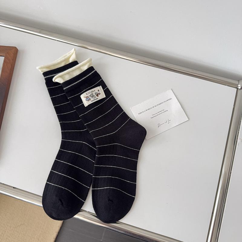 

10Pair Cloth-Labeled Socks Women S Double Luo Kou Fake Two-Piece Crimped Boneless Medium Tube Socks Striped College Wind Stacking Socks One size fits all чорний