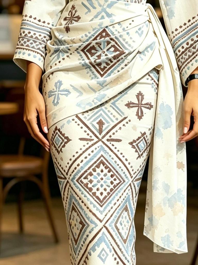 Women's Off-White Ethnic Geometric Print Maxi Dress V Neck Wrap Waist Flare Sleeve Party Gown