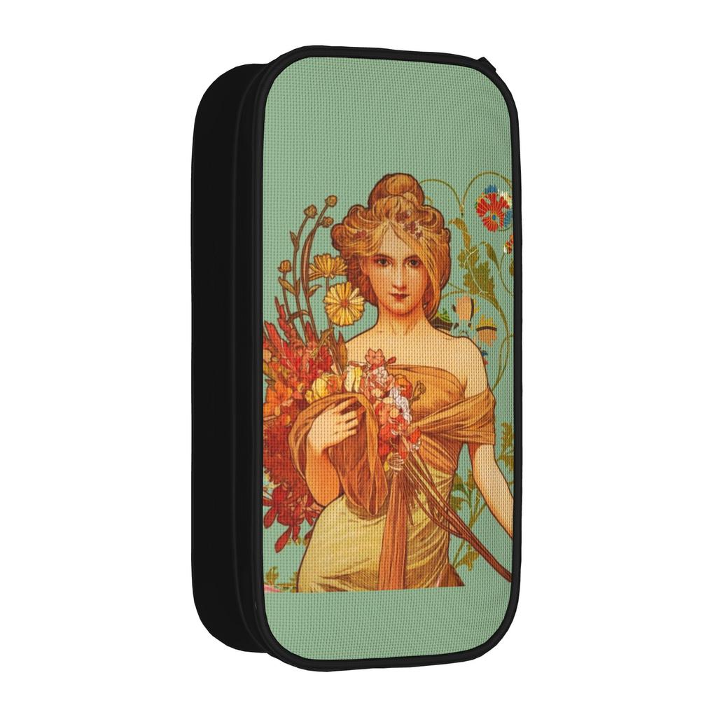 Alphonse Mucha Floral Pencil Cases Creative Retro Pen Box Bags Kids Large Storage School Supplies Zipper Pencilcases