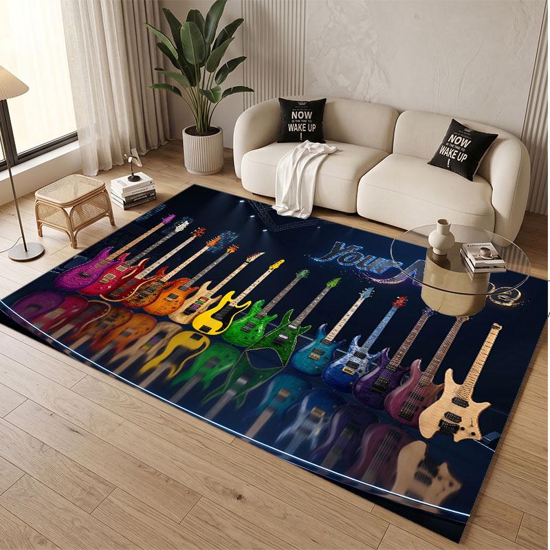 Music Guitar Theme Soft Crystal Velvet Rug Custom Name & Text Print Non Slip Floor Rug for Bedroom Living Room