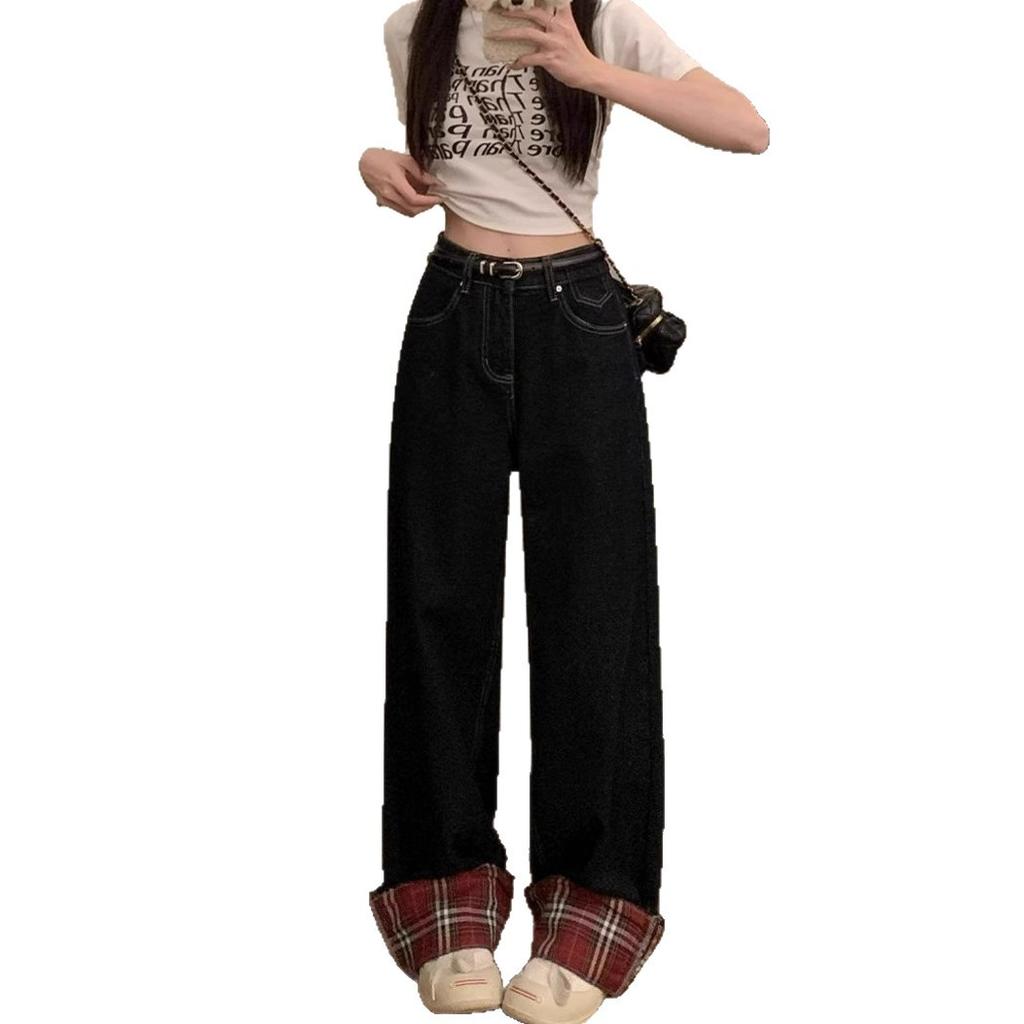 Pear-shaped Grid Splicing Jeans Women's Dark Blue and Red Loose Large Size Trailing To Cover The Meat of The Wide-legged Long Trousers Denim Pants