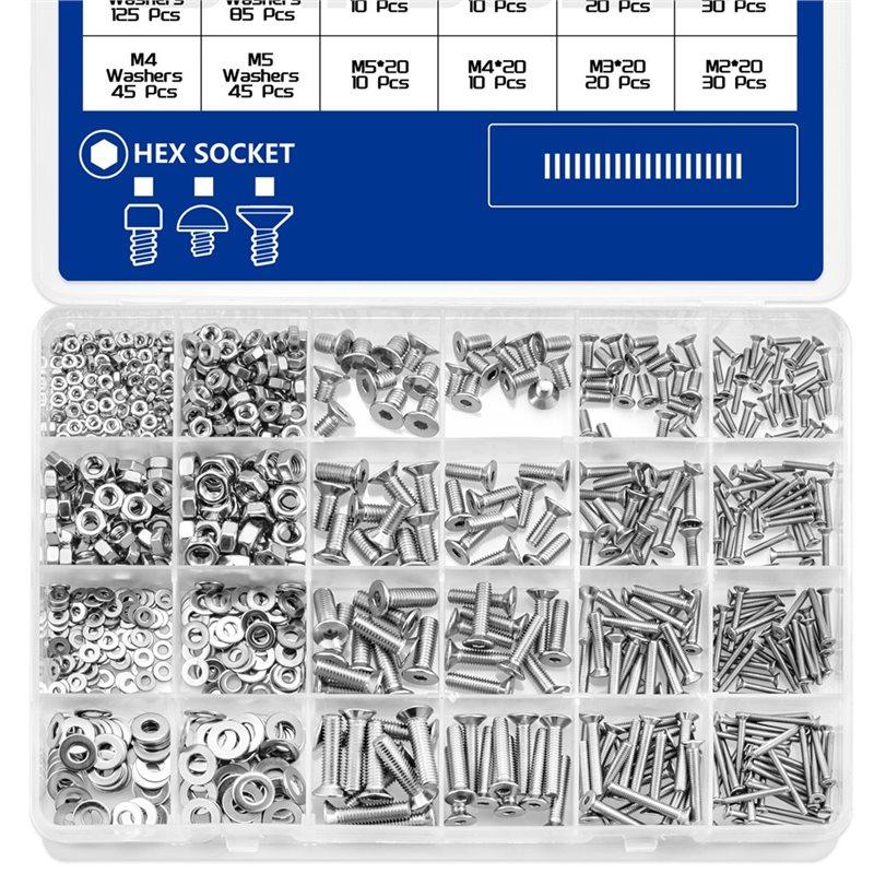 A25F-M2 M3 M5 880Pcs Stainless Steel 304 Hex Socket Flat Head Screws Countersunk Bolts Set With Storage Box Assortment Kit