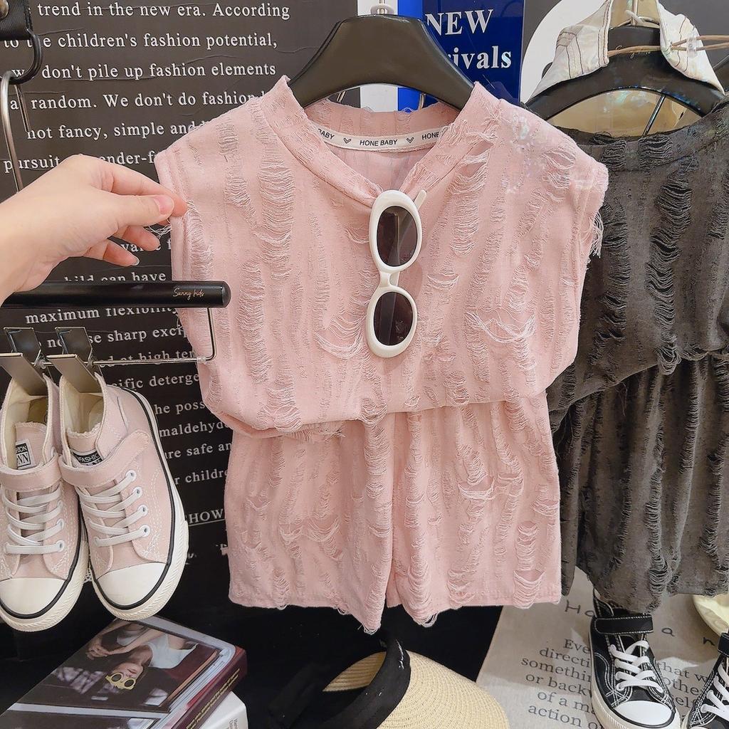 Boys' Summer Vintage Lightweight Loose Set Sleeveless Distressed Top + Shorts Breathable Outerwear Two-Piece Set