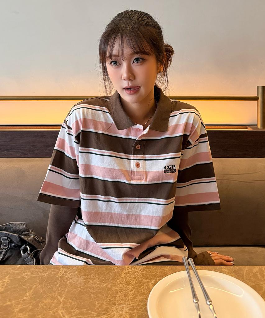 CGP Multi-Stripe Short-Sleeve Collared T-Shirt - Brown
