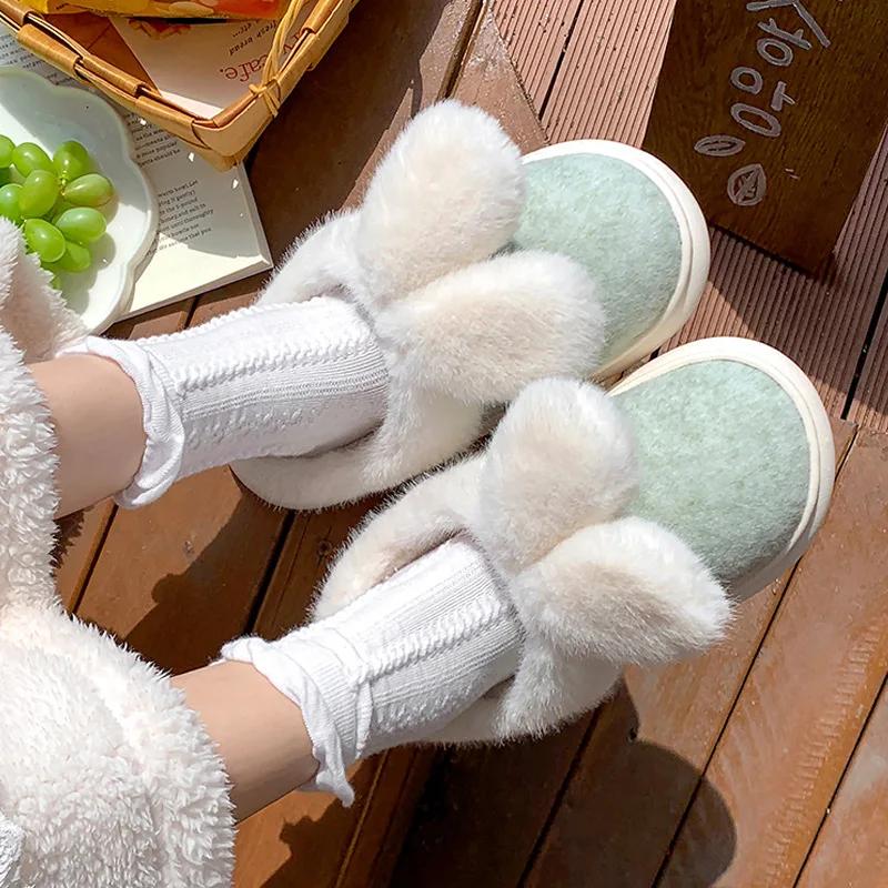 Fashion Platform Fluffy Slippers Women House Plush Rabbit Designer Winter Shoes Girls Flats Elegant Indoor Fashion Casual Footwear Warm