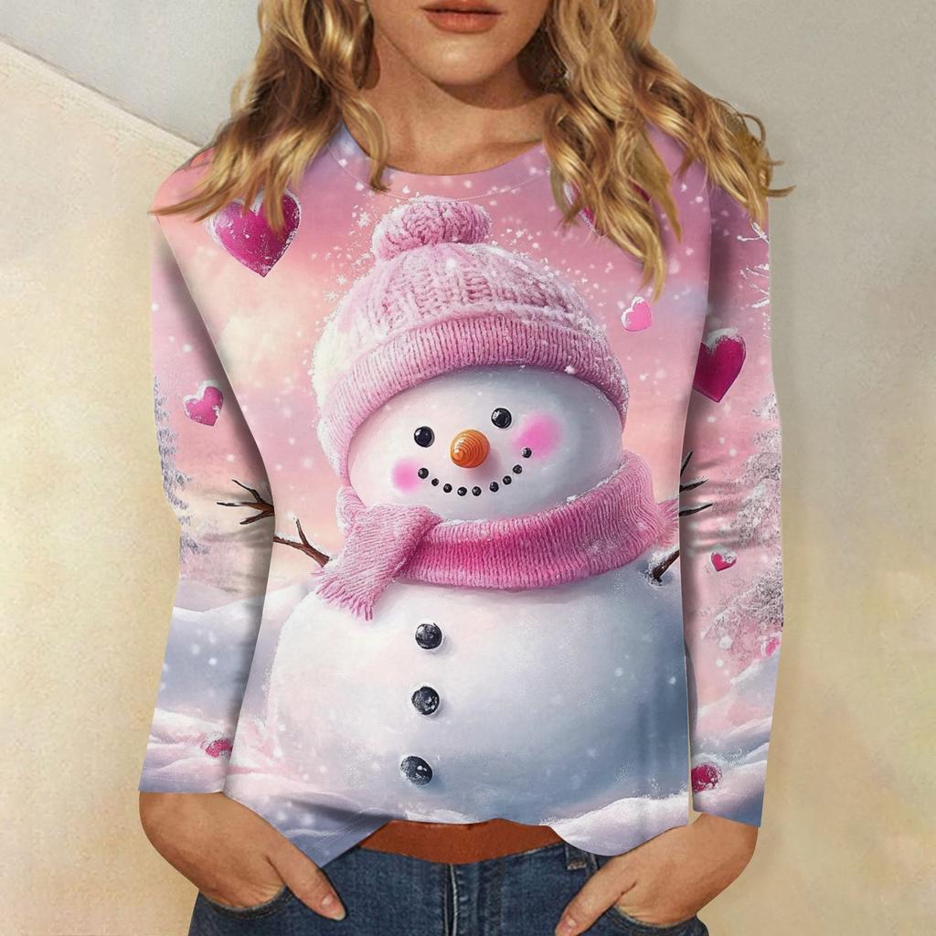 Women's 3D Christmas Snowflake Snowman Printed Round Neck Long Sleeve T-shirt Casual Long Sleeve Top Party Loose Women's Top