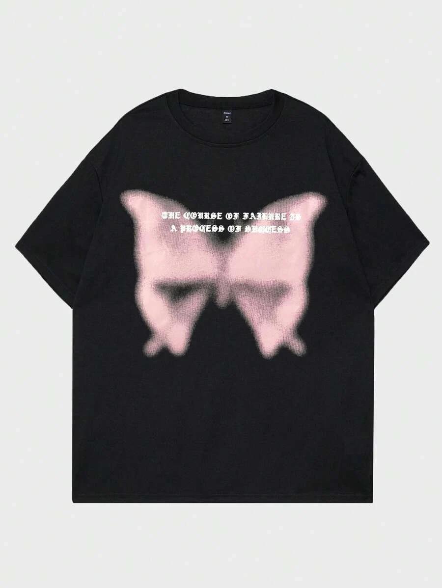 Street Life Men Cotton Butterfly Graphic Y2K T-Shirt – Slogan Print Casual Tee M
