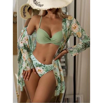 Women's Three-piece Swimsuit Green Leaves Printed Bikini Hard Package Sexy High Elasticity Bikini