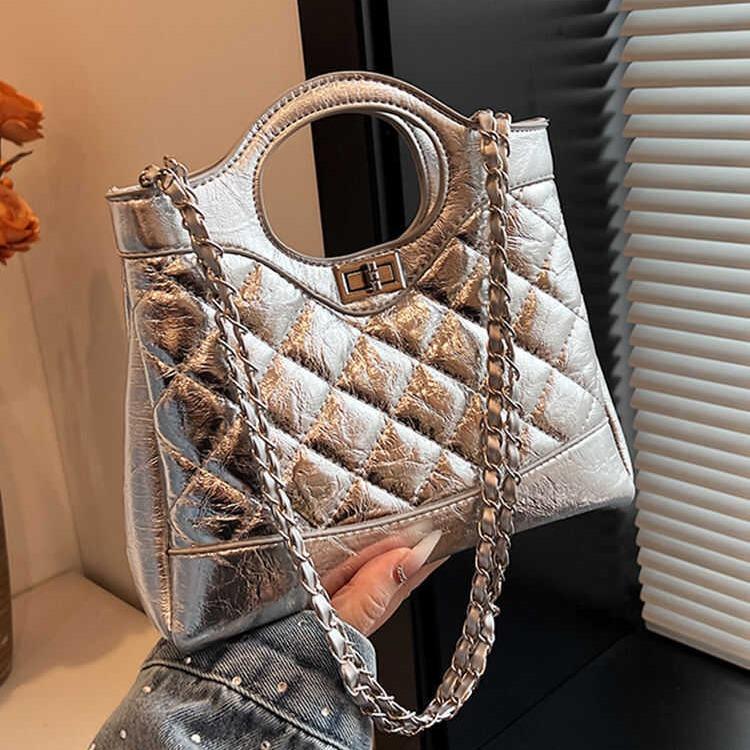 Geantă de mână argintie versatilă și la modă pentru femei, stil parfumat, geantă crossbody nouă, geantă de umăr cu lanț de diamant pentru femei