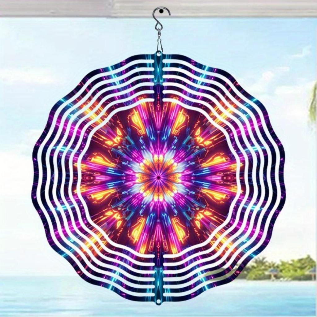 Vibrant 3D Mandala Wind Chime Colorful Kaleidoscope Pattern Dynamic Rotation Art Metal Hanging Decor for Indoor Outdoor Thanksgiving Christmas Gift