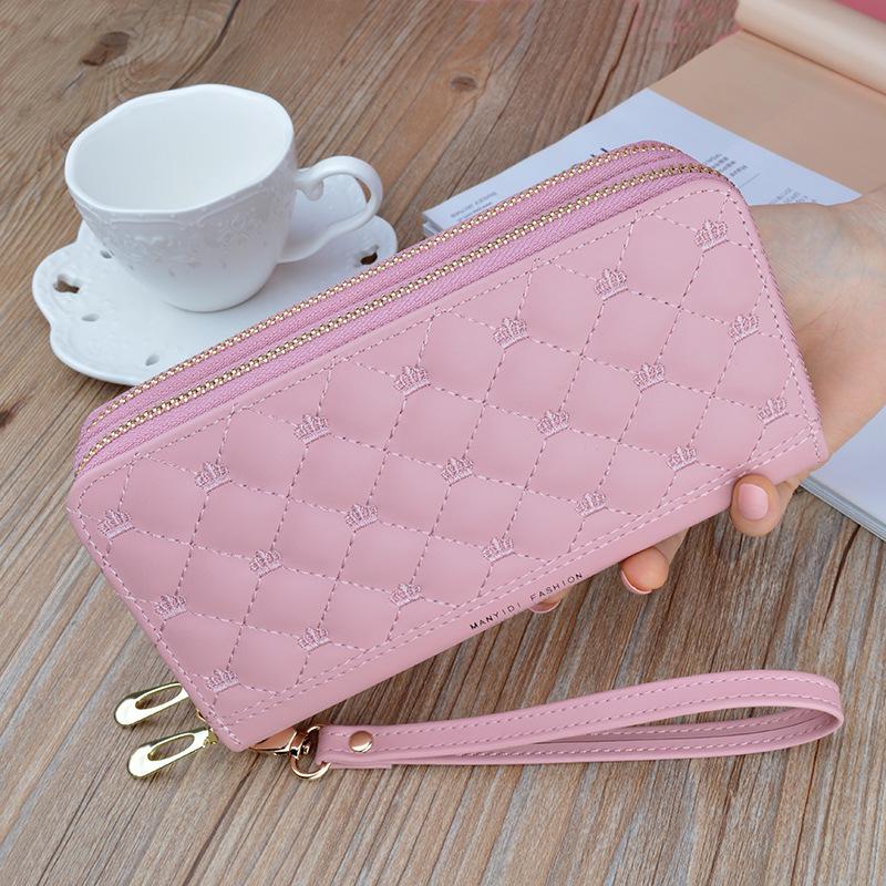 

Women s Long Double Zipper Leather Clutch Wallet | Diamond Pattern Embroidery, Crown Design, Large Capacity рожевий