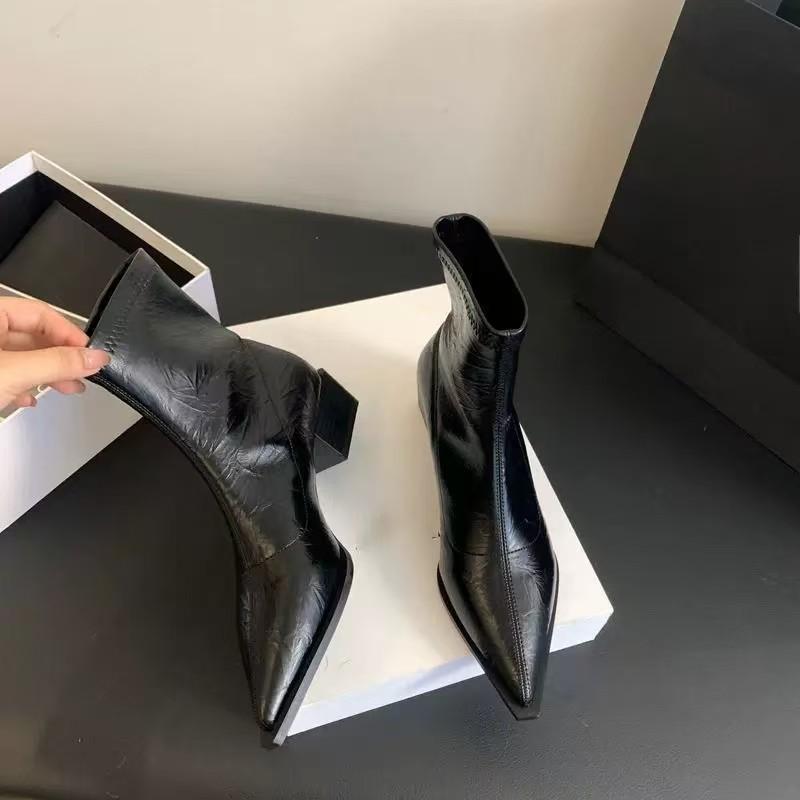 Women Pointed Ankle Boots Mid Heels Pointed Leather Sexy Chelsea Boots Trend Design Winter New Pumps Designer Short Botas Mujer