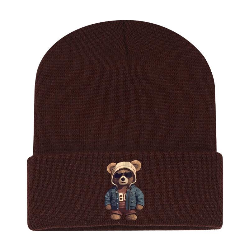 European and American New Autumn and Winter Hats, Women's Bear Printed Knitted Hats, Sleeves, Outdoor Warm Wool Hats, Men