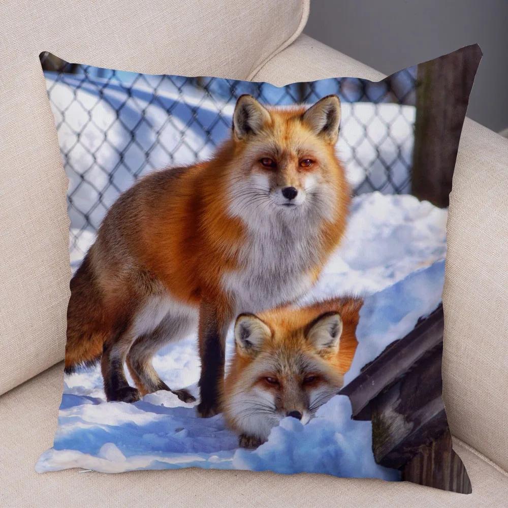 Cute Wild Fox Print Pillowcase Decorative  Animal  Polyester Cushion Cover for Sofa Home Car