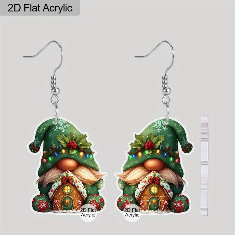 2D Flat Christmas Acrylic Earrings Decoration Green Gnome House Design Pendant Jewelry Ladies Christmas Gift