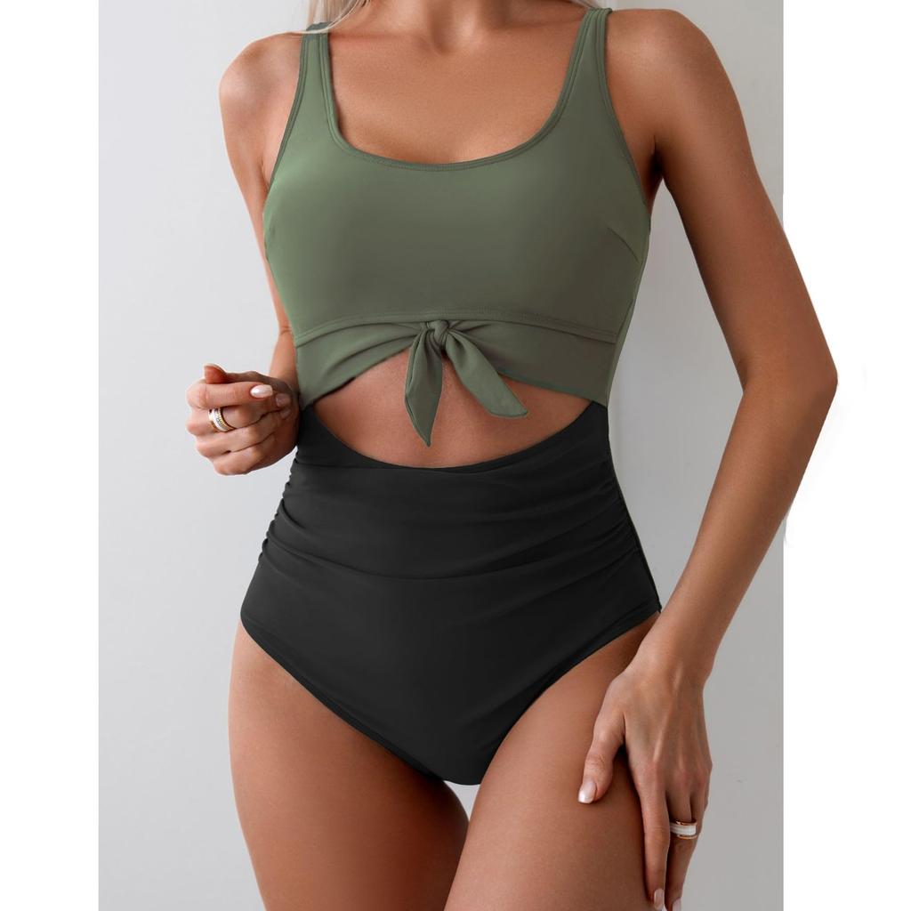 Women's One-Piece Swimsuit With Cross Straps To Cover The Belly, Conservative Solid Color Patchwork Swimsuit