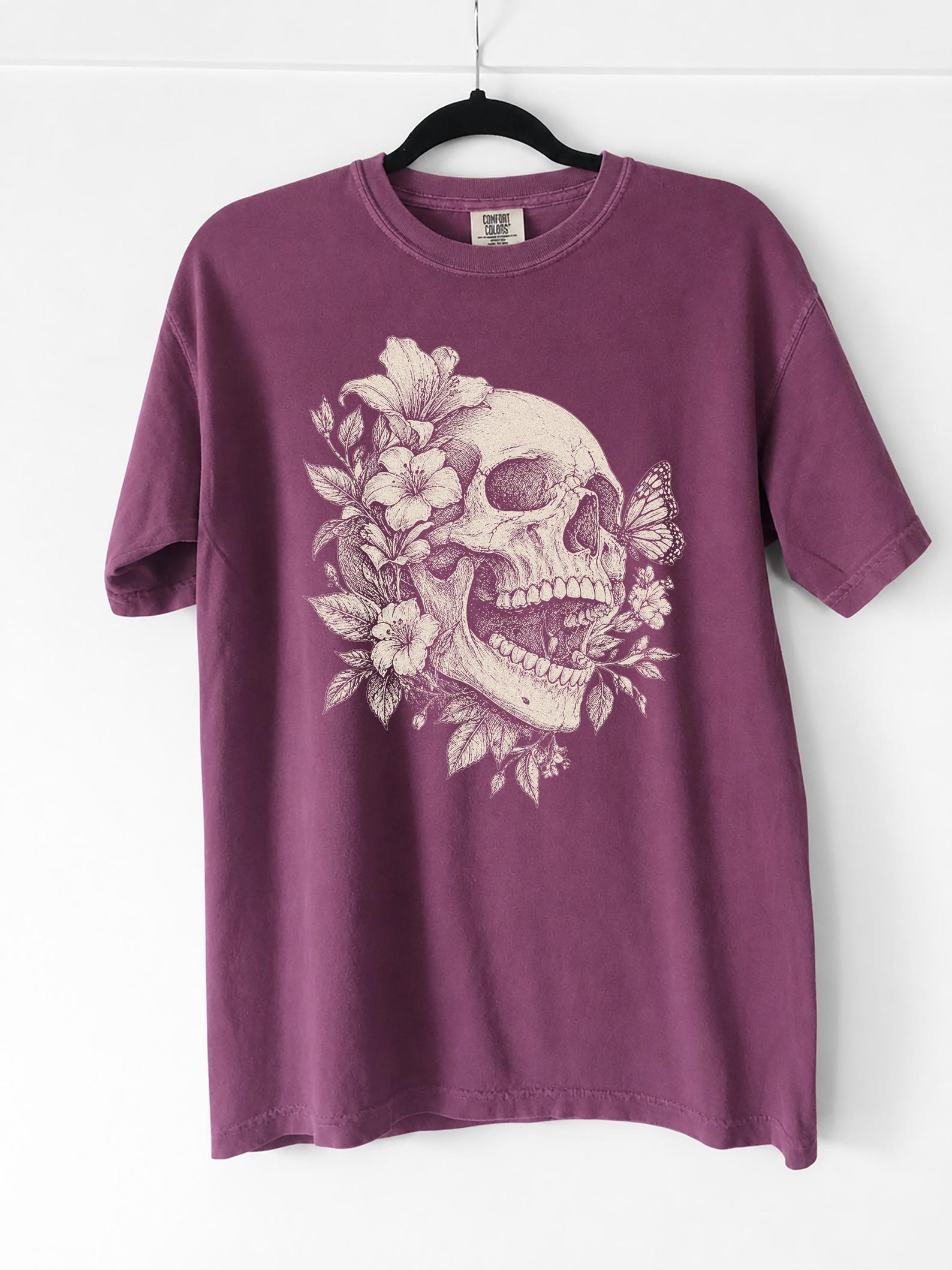 Floral Skull Graphic T-Shirt, Botanical Gothic Tee, Vintage Comfort Colors Shirt XL