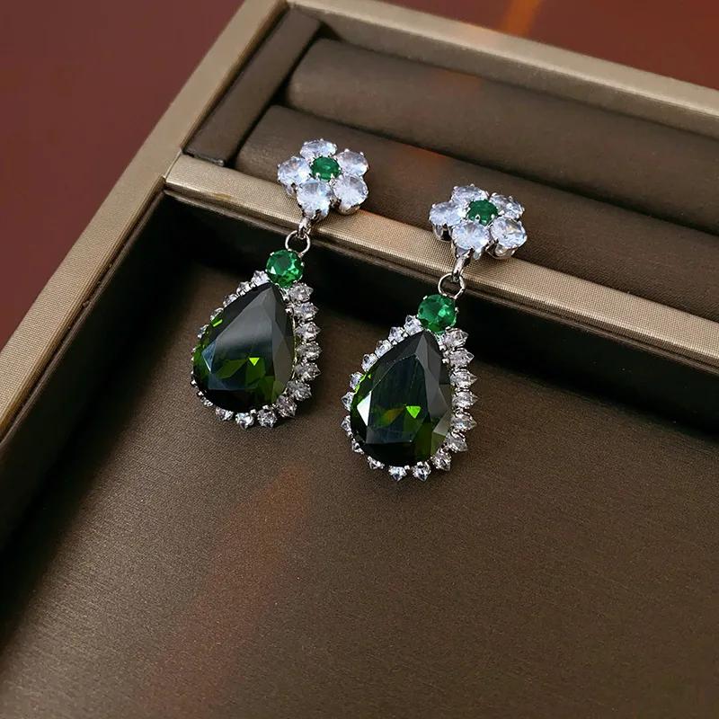 3 Pieces Green Zircon Leaf Flower Necklace New Light Luxury Drop Earring Chain 2025 Fashion Wedding Bride Jewelry Set Women