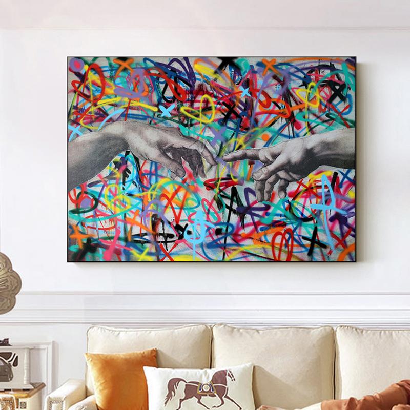 Creative Graffiti Genesis Oil Painting on Canvas HD Hand In Hand Posters and Prints Wall Art Picture for Living Room Decor