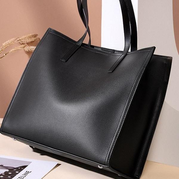 Genuine Leather Large Capacity Tote Bag Black Cowhide Commuter Bag New Briefcase Laptop Bag Versatile Textured Shoulder Bag