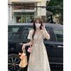Coffee break French retro floral dress women's summer temperament waist bubble sleeves gentle wind first love long dress sweet style