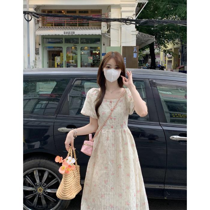 Coffee break French retro floral dress women's summer temperament waist bubble sleeves gentle wind first love long dress sweet style