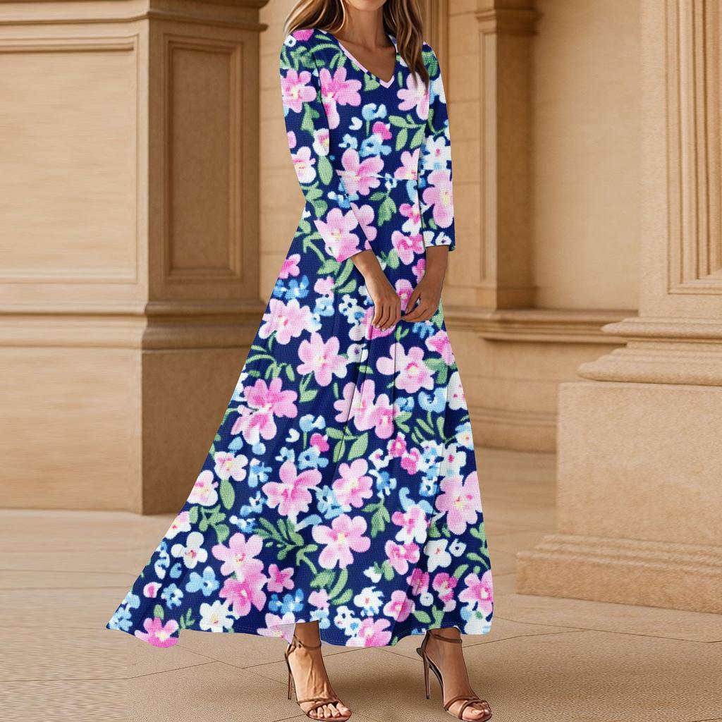 Women's Three-quarter Sleeves Fashionable Floral Print Loose Casual Comfortable Dress