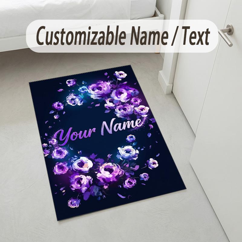 Floral Garden Theme Crystal Velvet Rug Personalized Custom Name Text Soft Floor Mat Home Decor