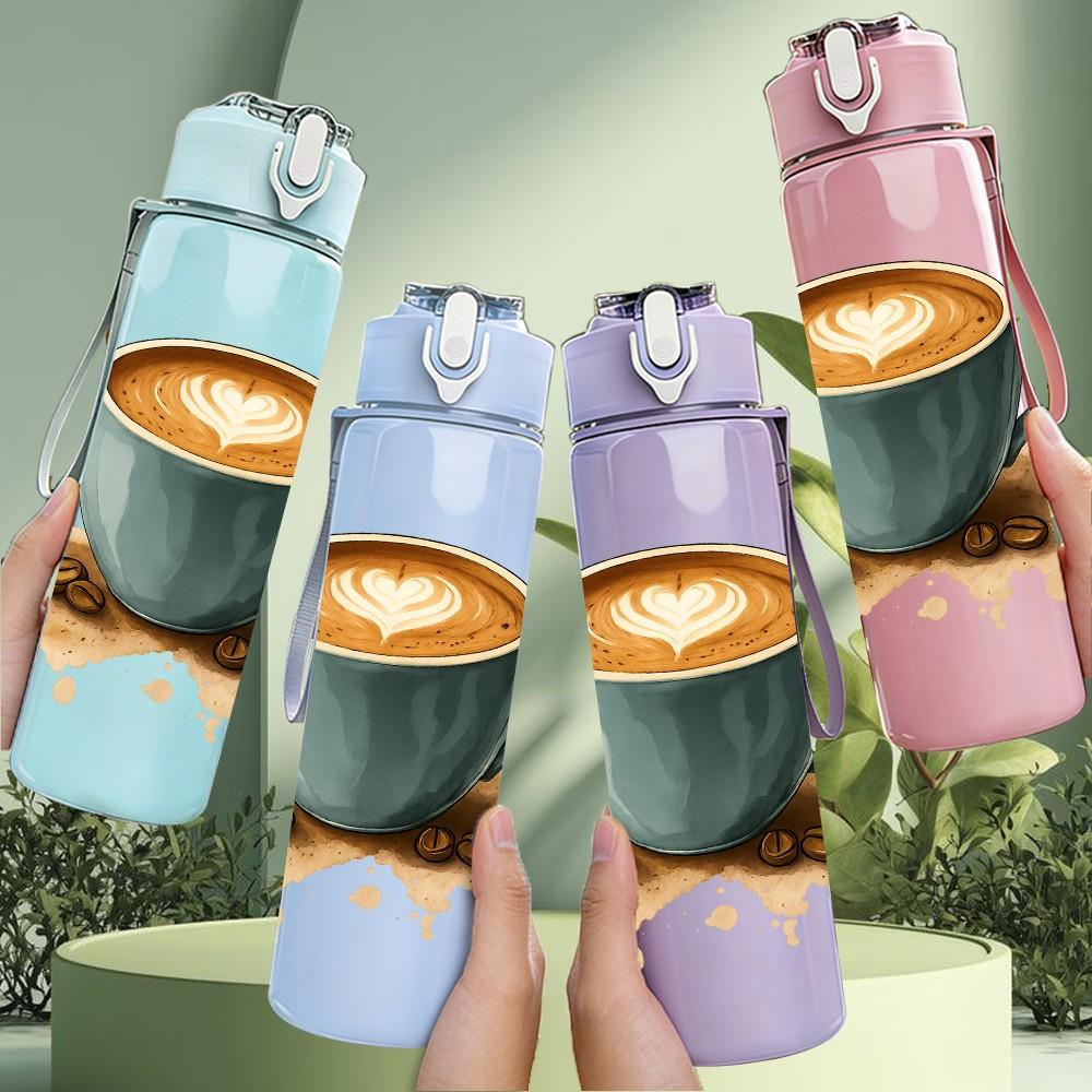 1PC Latte Coffee Cup Print 750ml Color Plastic Sports Water Bottle Leakproof Flip Straw Lid Suitable for Sports Office Home Use