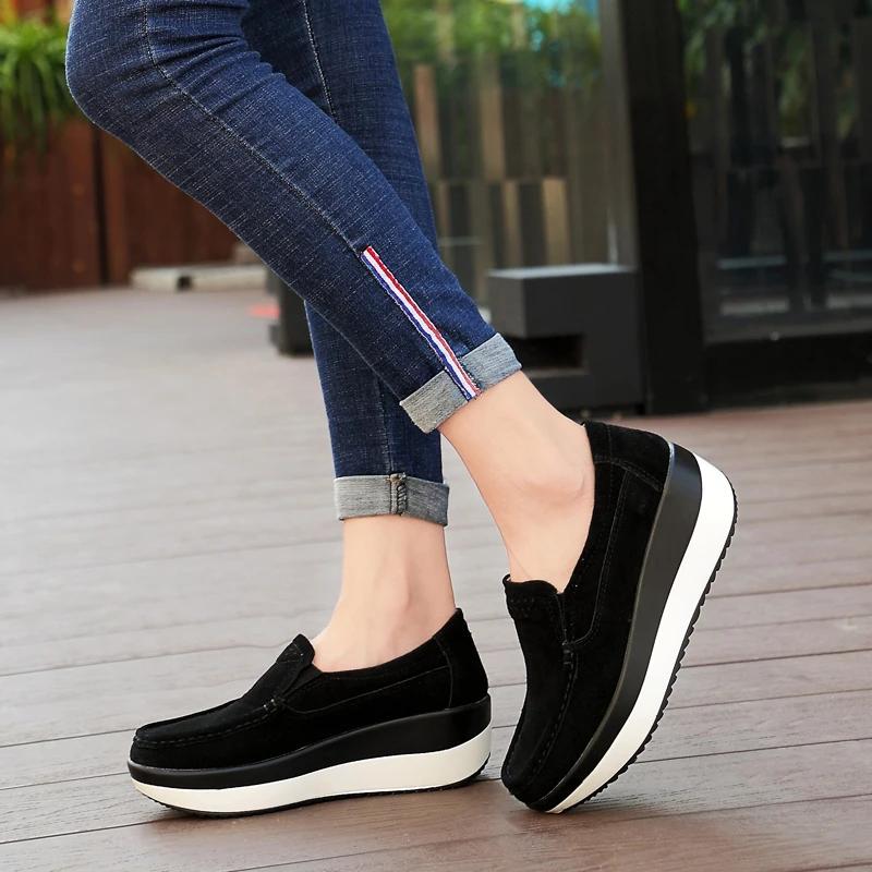 Women Flat Platform Loafers Ladies Elegant Suede Leather Shoes Slip On Women's Blue Casual Shoes
