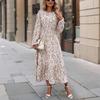 Women's new skirt printed round neck long-sleeved ruffle edge dress