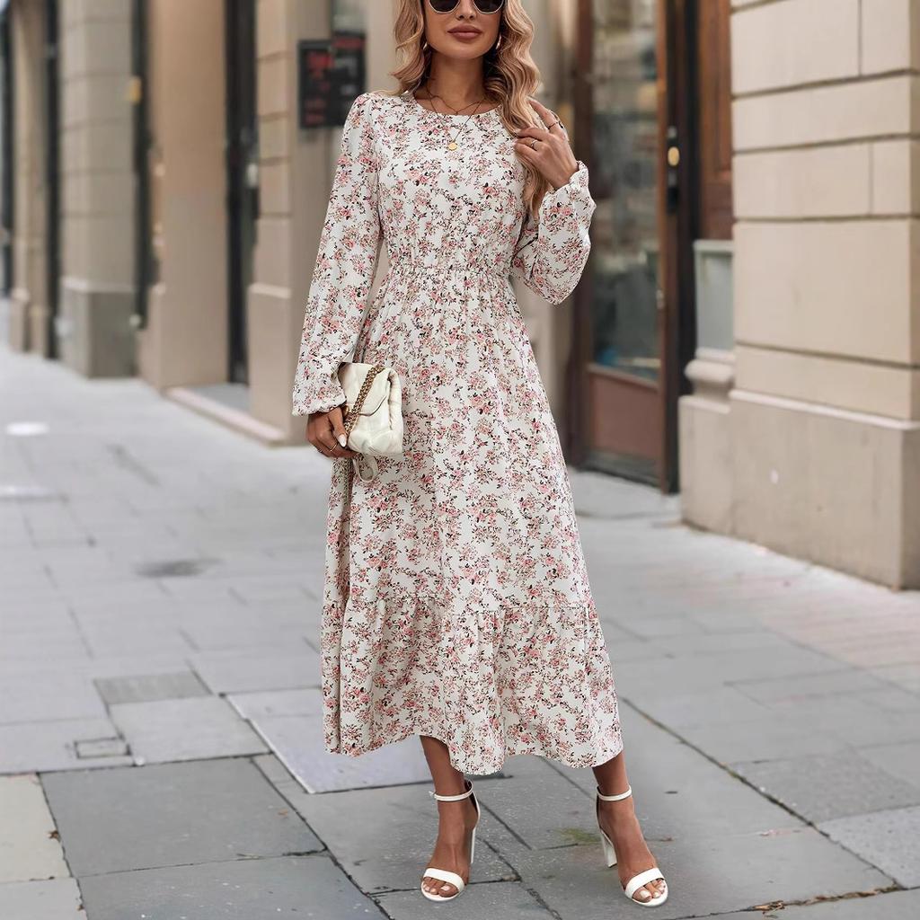 Women's new skirt printed round neck long-sleeved ruffle edge dress