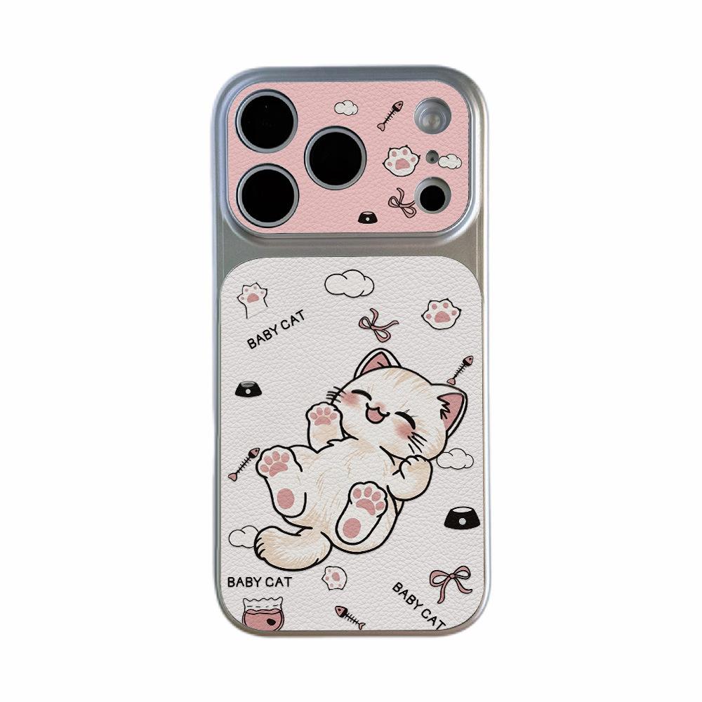 Applicable to Apple 17 cartoon play cat mobile phone case iPhone15promax all-inclusive 16 Pro fresh leather pattern