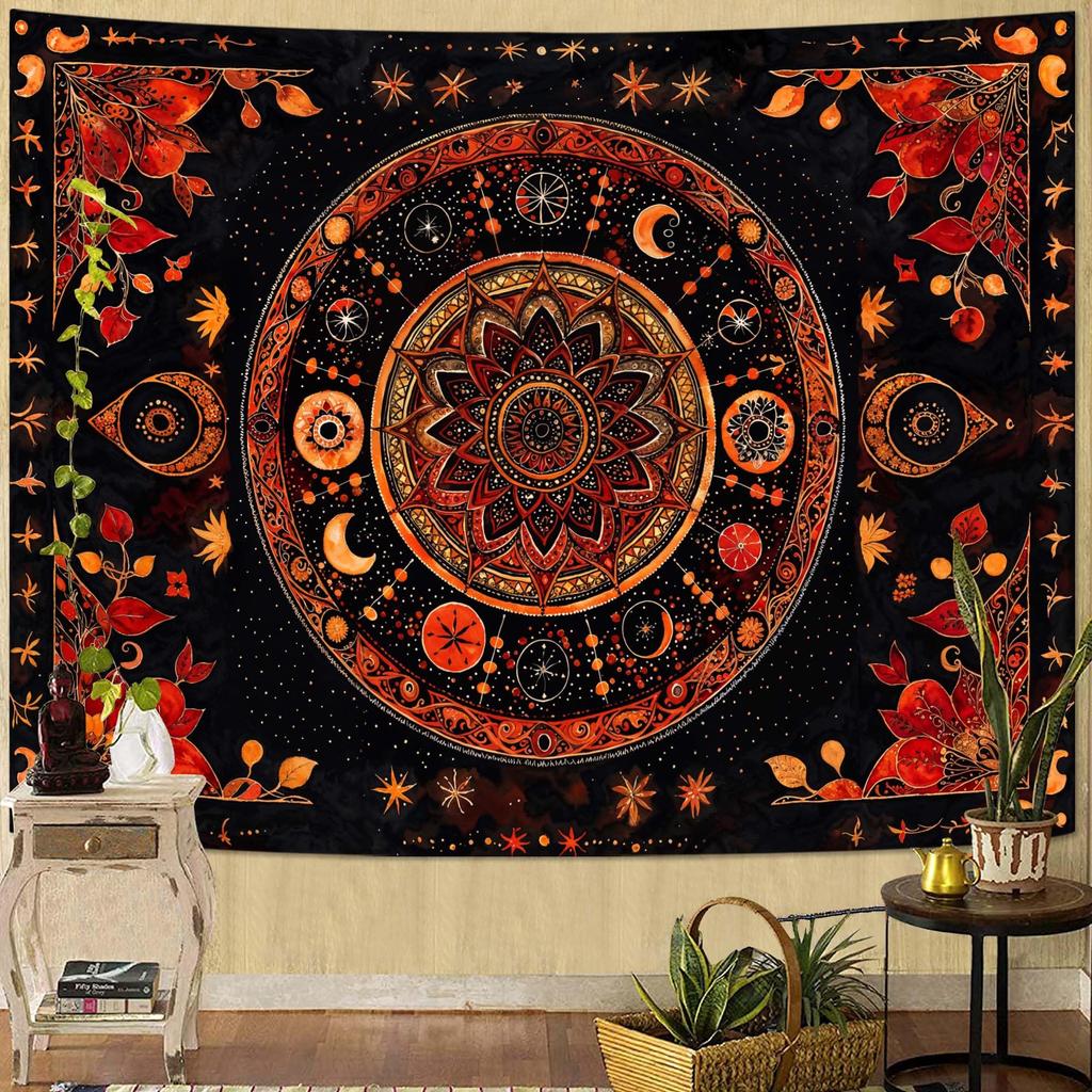 Aesthetic Boho Mandala Tapestry, Vintage Orange Floral Wall Hanging, Ethnic Bohemian Tapestry For Bedroom Living Room Dorm