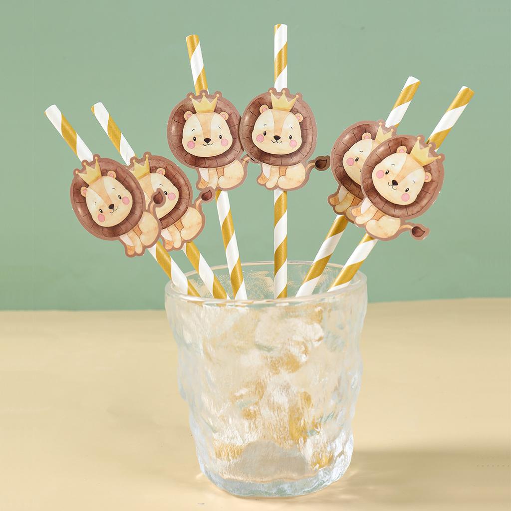6pcs Animal Paper Drinking Straw LIon Tiger Jungle Birthday Party Forset Safari Party Supplies Kids Wild One Birthday Decoration