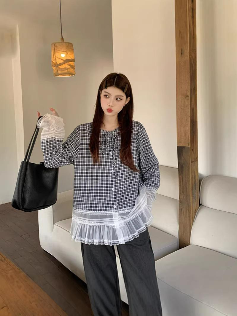Plus Size Women s Loose Long Sleeve Plaid Patchwork Lace Shirt L