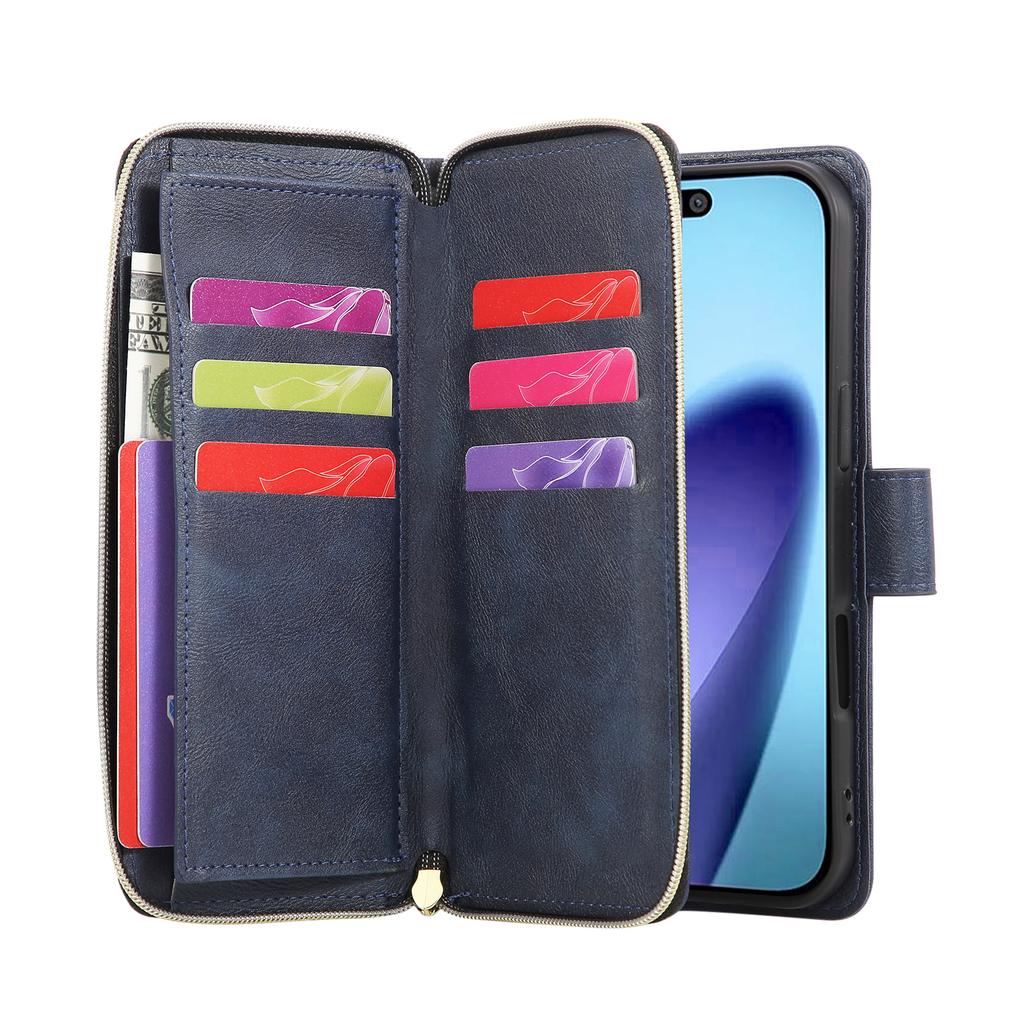 For iPhone 17 Pro Max Case Zipper Pocket 9 Card Slots PU Leather Phone Cover with Hand Strap