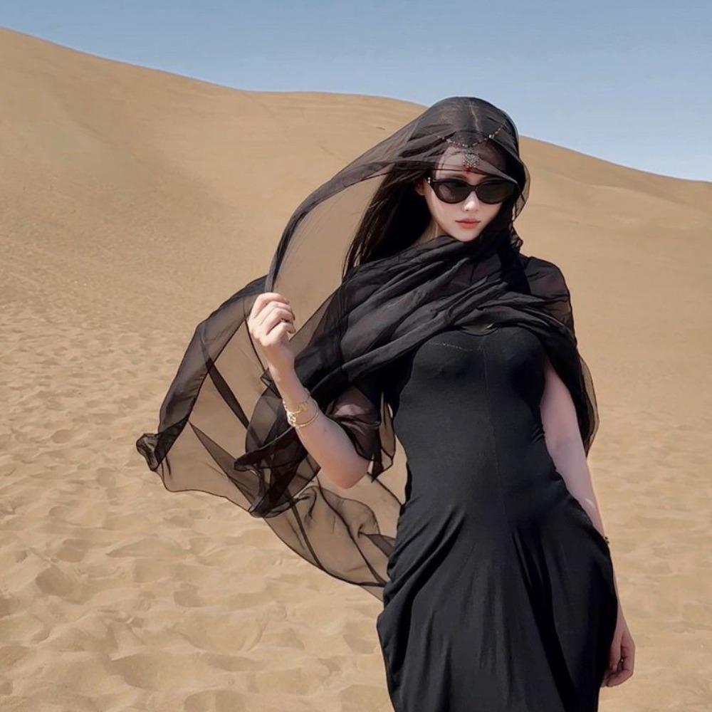 

Bohemian Mesh Neck Scarves Transparent Sunscreen Hijab Wraps Sweet Silk Scarf Shawls Photo Pros чёрный