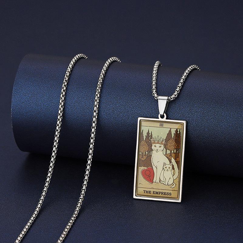 Stainless Steel Epoxy Cat Tarot Card Pendant Necklace For Men Boys Animal Divination Jewelry