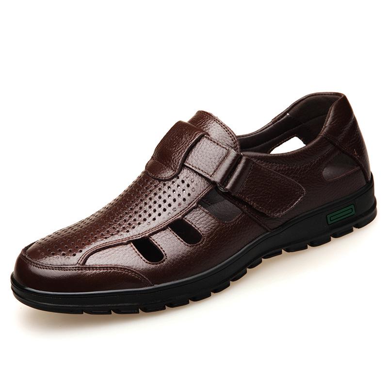 Summer leather hollow sandals Velcro hole shoes breathable casual men's shoes soft sole dad cool leather shoes men's 7688